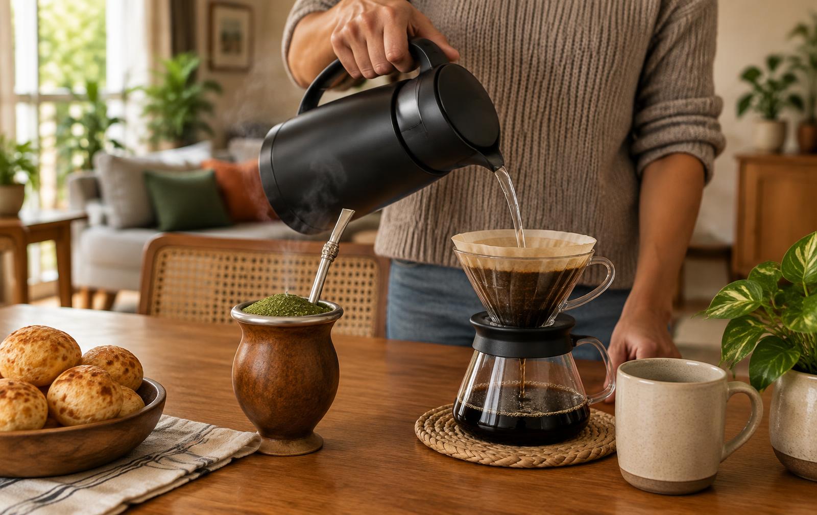 Garrafa elétrica servindo água quente para chimarrão e café sobre mesa de madeira.