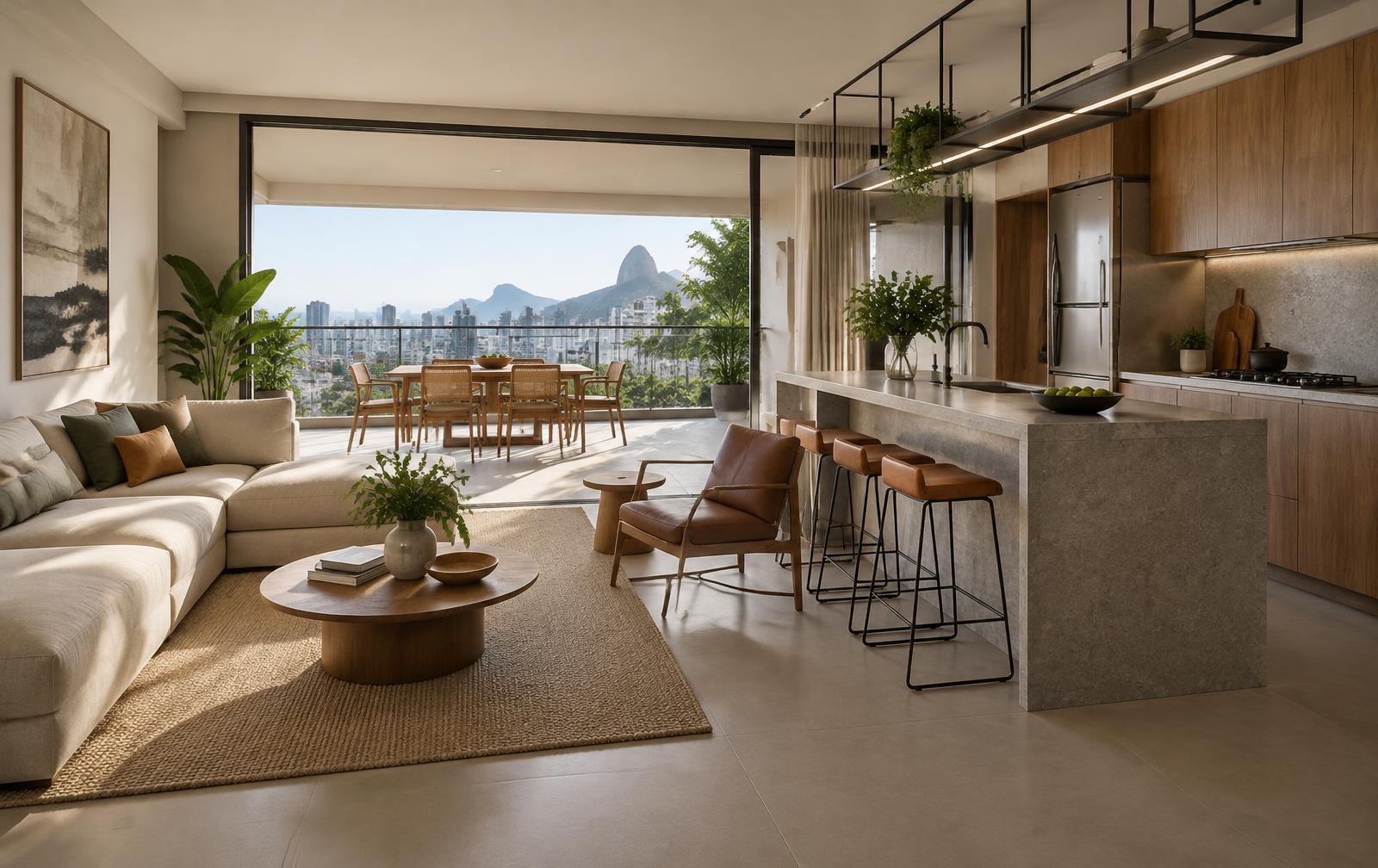 Ambiente residencial contemporâneo com pedra, madeira e luz natural.