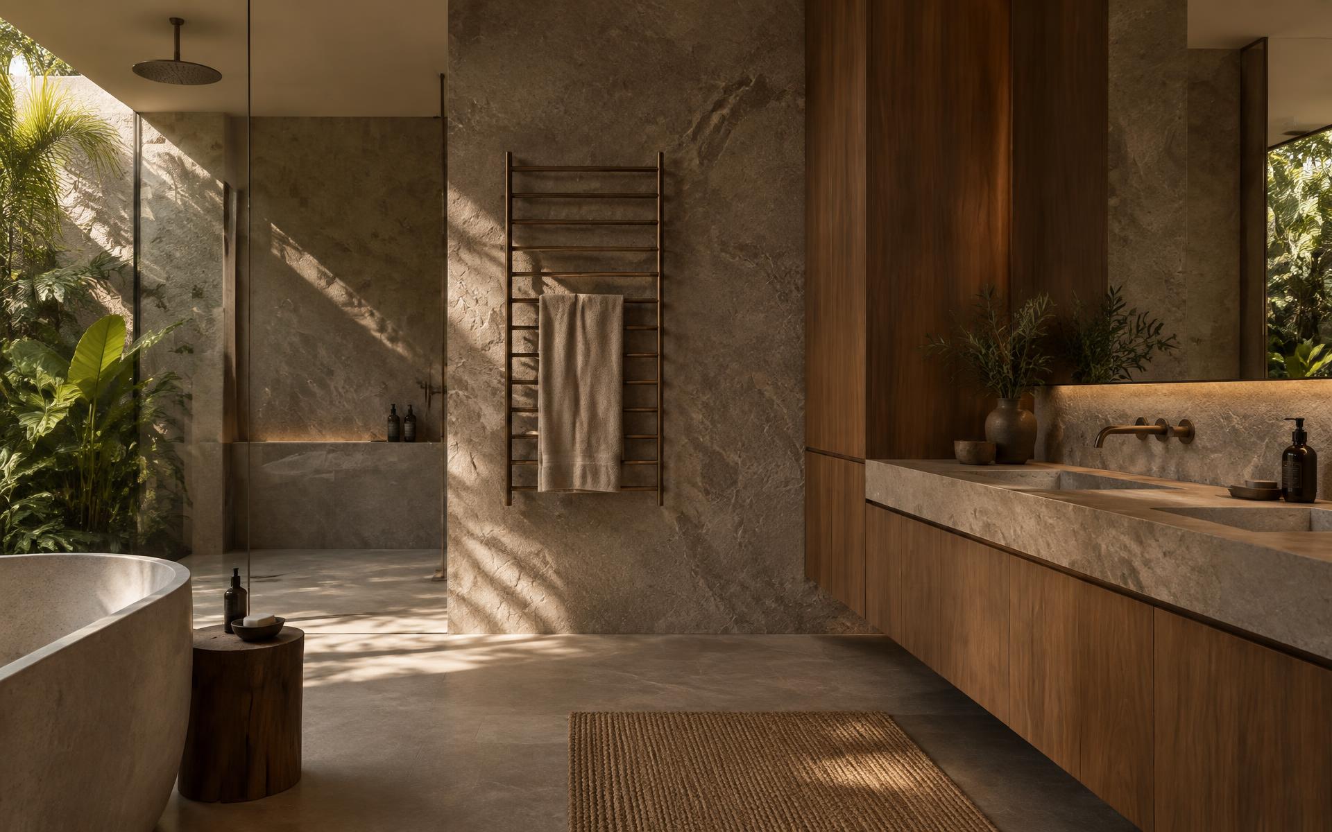 Banheiro de arquitetura contemporânea brasileira com toalheiro aquecido integrado à parede de pedra.