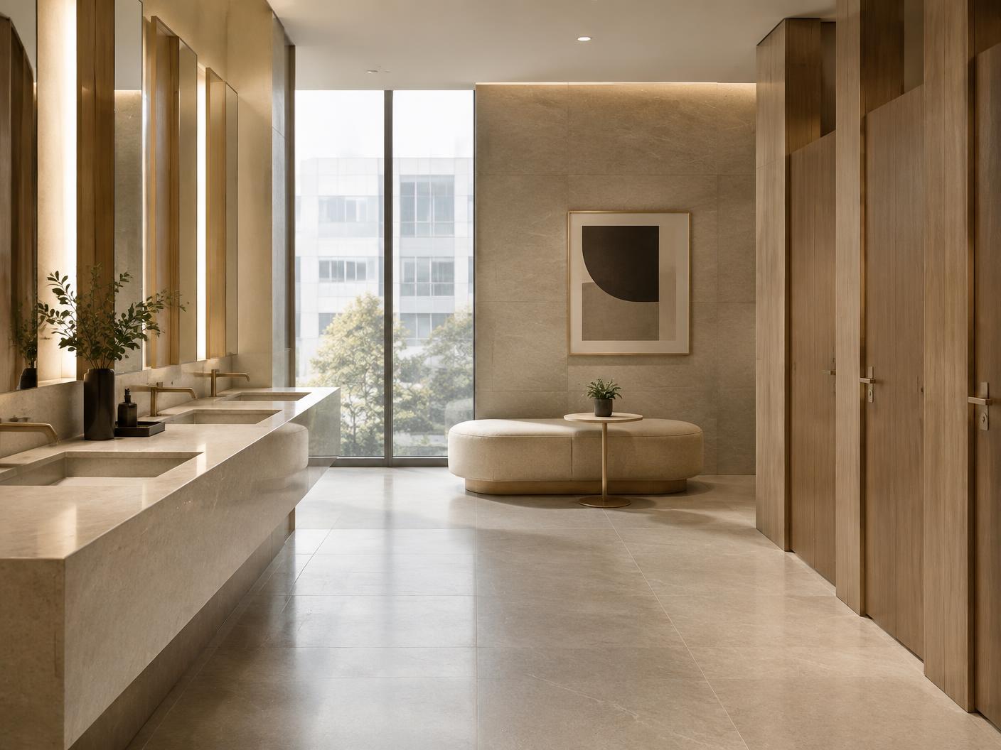 Lavabo corporativo contemporâneo com bancada em pedra e iluminação suave.