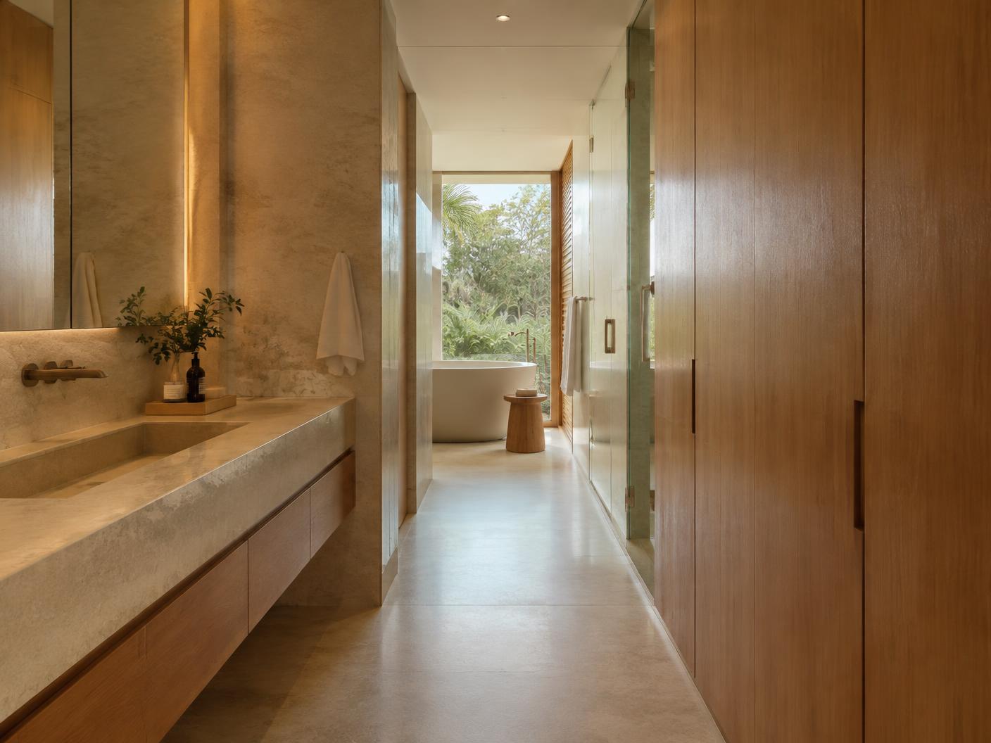 Ambiente residencial contemporâneo com marcenaria em madeira e pedra natural.