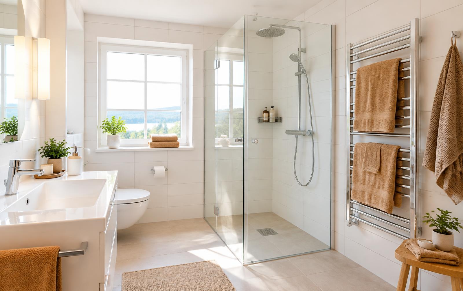 Banheiro claro e contemporâneo com toalheiro aquecido Thermo e toalhas.